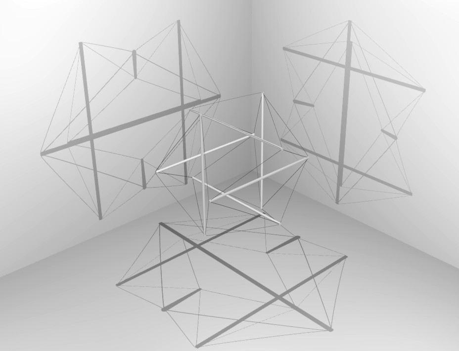 An image of a icosahedral tensegrity, suspended in the corner of a room with three lights shining from mutually perpendicular axes such that it casts three shadows on the walls and floor of the corner of the room, illuminating the structure of the form.